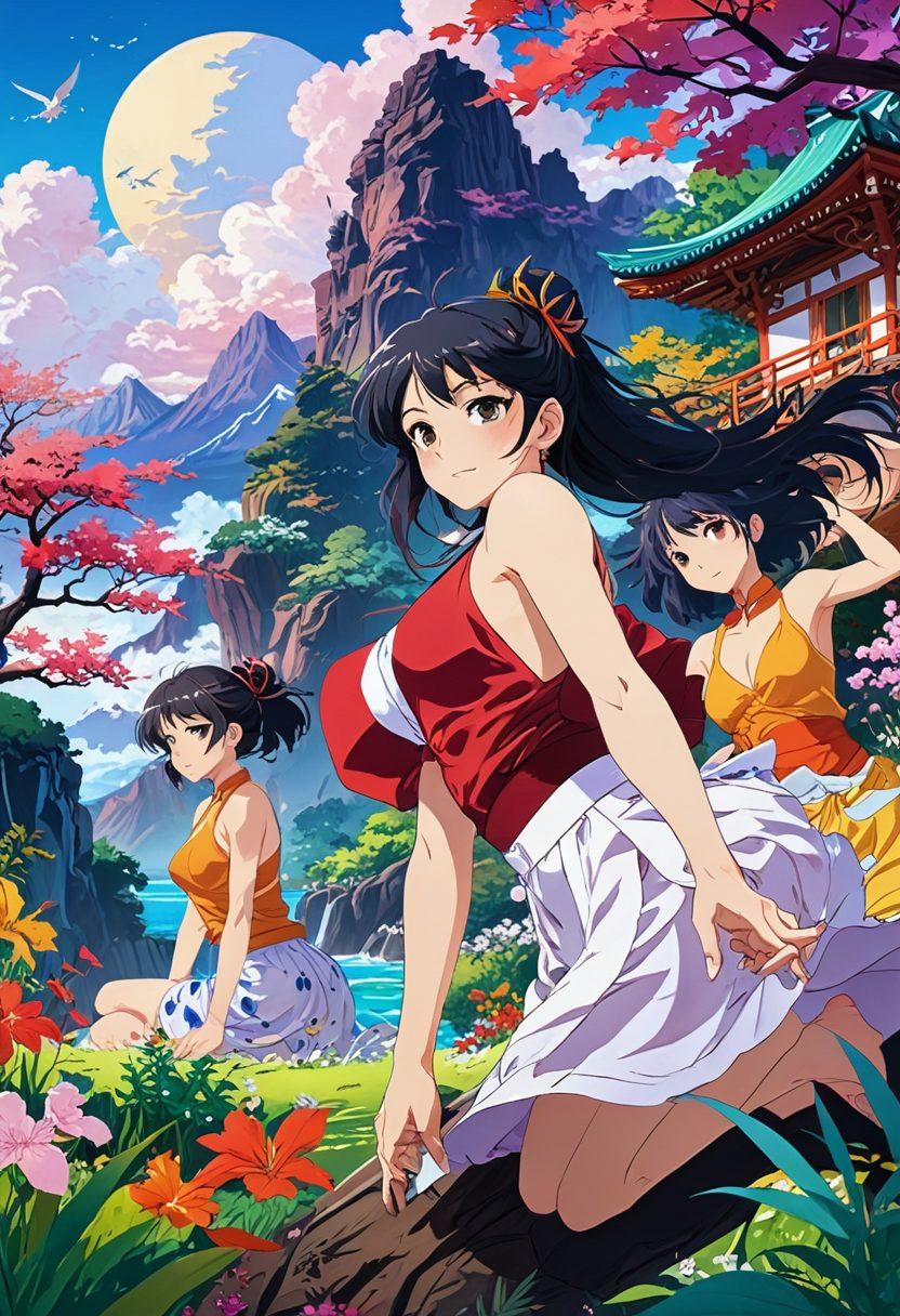 A vibrant and captivating scene showcasing the intricate artistry of hentai animation, featuring a diverse group of characters in various dynamic poses. The background should include a blend of colorful, dream-like landscapes, emphasizing the creativity and imagination involved in adult animation. Include elements like paintbrushes, animation cels, and digital screens to represent the craft behind the scenes. The overall atmosphere should evoke a sense of allure and fascination. super-realistic. vivid colors. art studio setting.