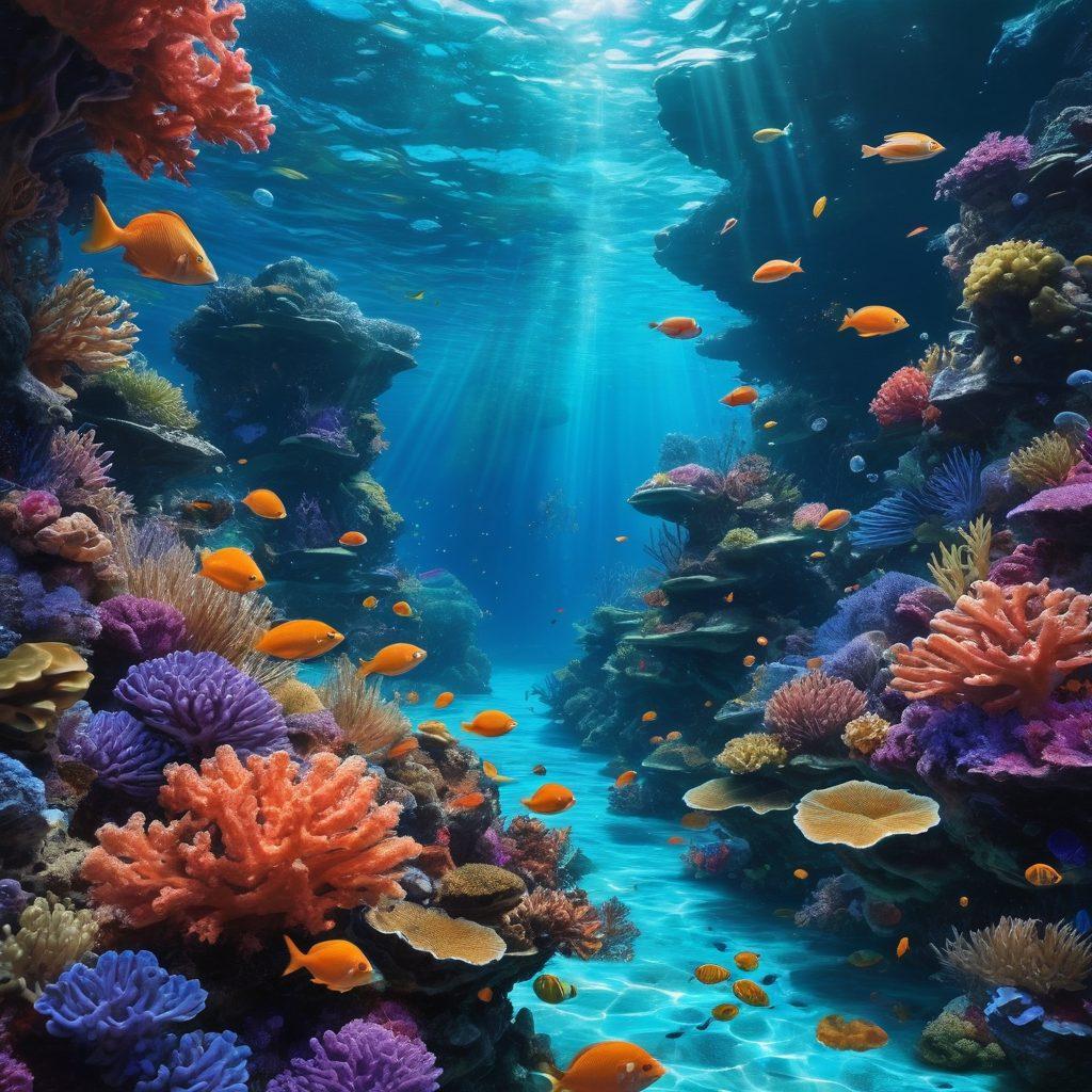 An immersive underwater scene featuring vibrant underwater coral and marine life, with characters inspired by anime and graphic art, exploring the blend of elegance and sensuality. Incorporate elements of abstract art to reflect the intersection of fantasy and reality. The color palette should be rich and dynamic, with a focus on deep blues and bright accents. super-realistic. vibrant colors. 3D.